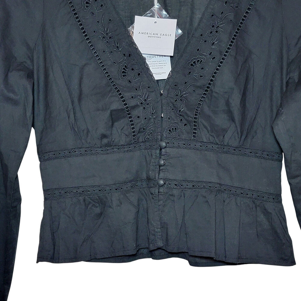 American Eagle NWT Eyelet Embroidered Cotton Peplum Blouse Black XS V Neck - Picture 3 of 11